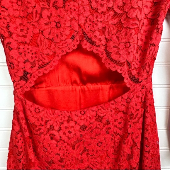 H&M Women’s Red Lace Dress Long sleeve Open Back Knee Length Gold label Sz 4 - Picture 9 of 14